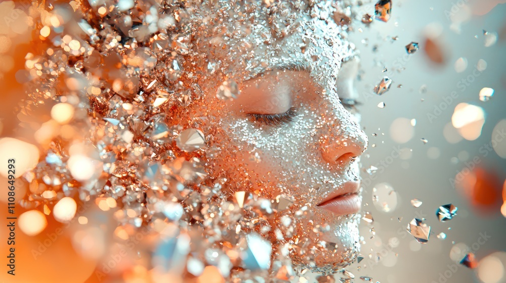 Poster a serene face enveloped in sparkling crystals, creating an ethereal and dreamy atmosphere.