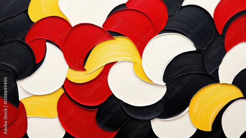 Poster a vibrant abstract composition featuring overlapping red, black, yellow, and white shapes, creating 