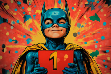 A lively birthday postcard for a 10-year-old, with a superhero theme, dynamic comic-book-style illustrations, and bold primary colors