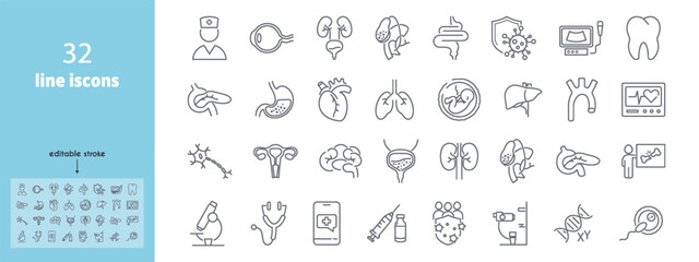 Medical specialties line icon set. Health care and medicine. Gynecology, urology, cardiology, virology, gastroenterology, ophthalmology, neurology, x-ray vector illustration. Editable stroke