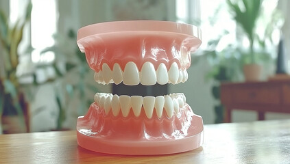detailed 3D hologram projection of teeth displayed on table, showcasing dental anatomy in bright and inviting environment. model highlights structure and alignment of teeth, creating educational and
