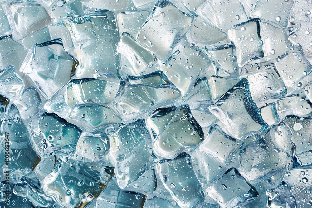 Poster a close-up view captures clear ice cubes glistening with condensation, reflecting light and creating
