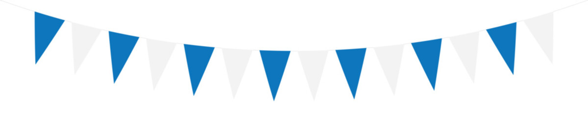 Paper bunting flags garland isolated on transparent background. White and blue party flags hanging with rope.