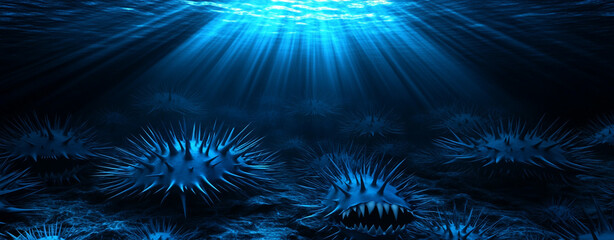 Fototapeta premium Dark underwater scene featuring numerous blue virus like cells with spiky textures, illuminated by rays of light filtering through water, creating mysterious and eerie atmosphere