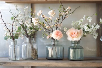 A charming display of glass vases holding a selection of delicate spring blossoms, set against a rustic background to evoke serenity and freshness.