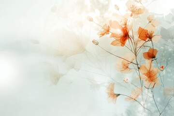 Soft, ethereal orange blossoms float gently against a dreamy, light-filled backdrop, illustrating a combination of tranquility and delicate elegance.