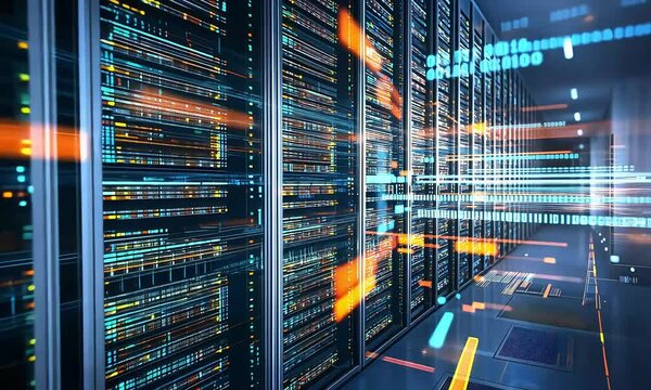 A futuristic data center filled with servers, illuminated by vibrant digital lights, showcasing advanced technology and data processing capabilities.
