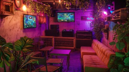 Futuristic Gaming Haven: Cozy Cafe Hub for AI Video Games Enthusiasts in Vibrant Environment with Social Gaming Culture Emphasis