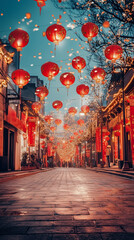 Fototapeta premium Festive Chinese street decorated with glowing red lanterns