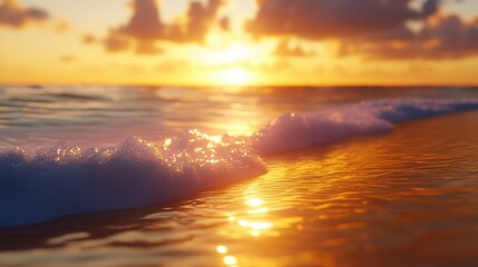 Fototapeta premium Golden Sunset Over Ocean Waves: Serene Beachscape at Dawn