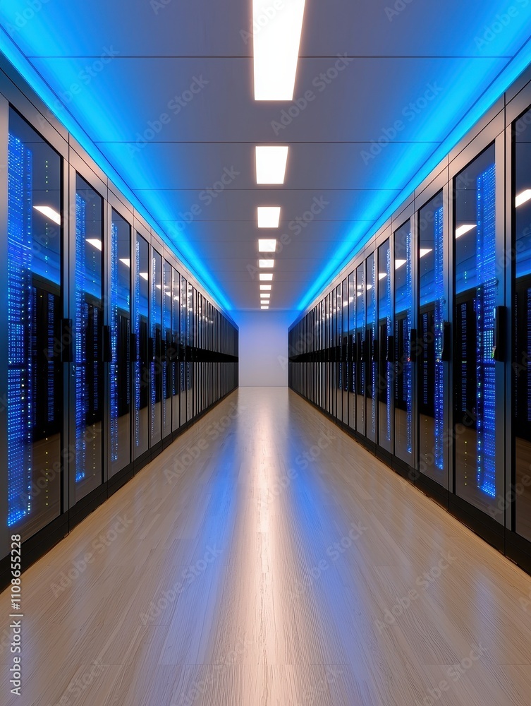 Poster data center operation modern facility technology infrastructure illuminated environment wide-angle v