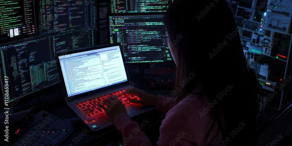 Poster cybersecurity researcher analyzing code in dark room technology lab digital environment high angle v