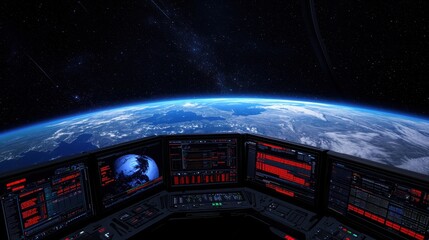 Exploring space earth view from a futuristic control room sci-fi concept outer space environment panoramic perspective