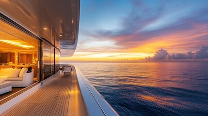 Obraz premium Luxury yacht hotel on the water, sleek design, panoramic ocean views, sunset