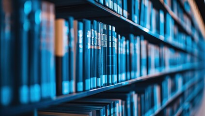 Obraz premium Rows of Books in a Library Blue Hues Knowledge Collection Research Archive