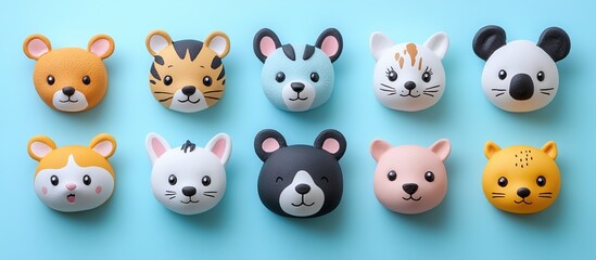Fototapeta premium Adorable Animal Faces: A Collection of Cute Cartoon Animal Head Sculptures