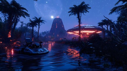 A rover scanning a glowing alien structure half-submerged in a swamp, with ripples spreading out from its light.
