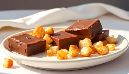 A_cartoonish_clipart_style_of_A_still_life_of_fudge_and_Caesar_croutons,_the_fudge's_rich,_dark_brown_surface_glistens_with_a_smooth, Generative AI