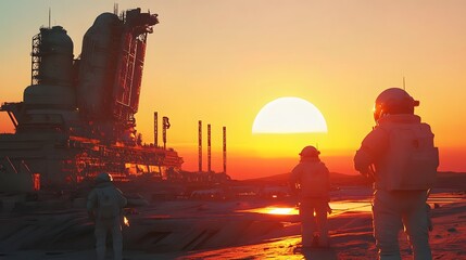 An alien sunrise casting long shadows over a distant colony as astronauts prepare for their day.