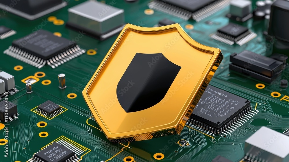 Poster golden shield on circuit board representing digital security and protection concepts