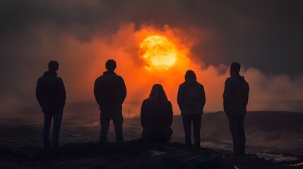 A group of explorers witnessing a strange celestial event from the surface of a barren alien world.