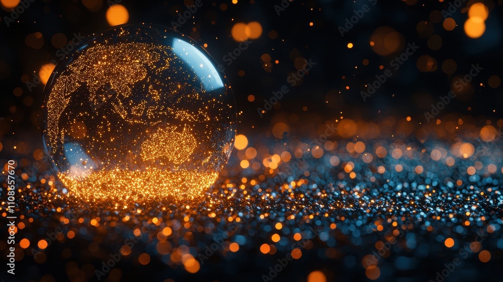 Poster glowing earth sphere with sparkling particles on dark background for abstract design