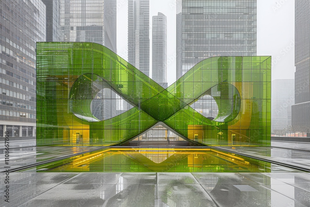 Poster a large green building with a large x on it