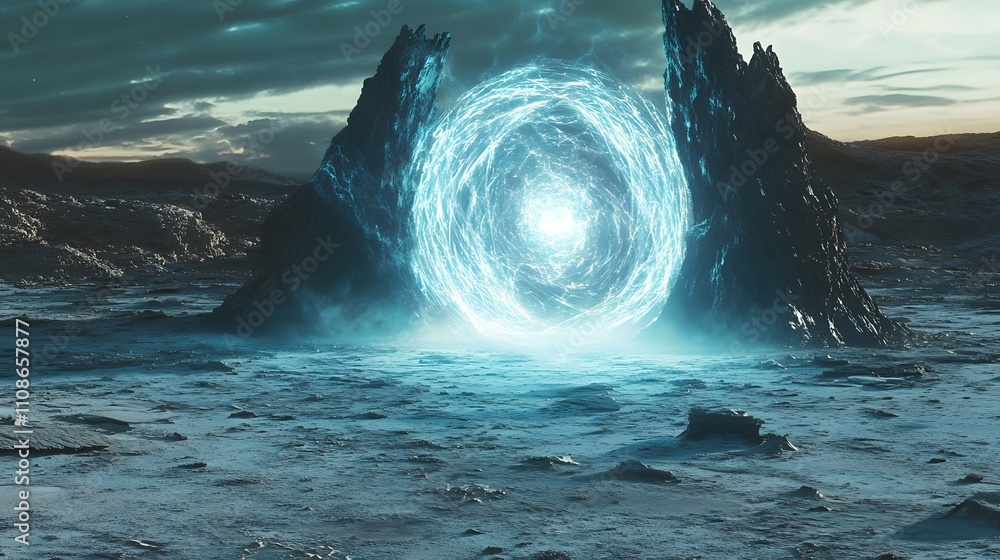 Poster A conceptual image of a glowing portal standing in the middle of a barren alien plain, with cosmic patterns swirling inside.
