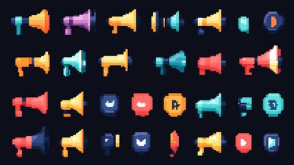 Naklejka premium A grid of pixel art icons on a black background