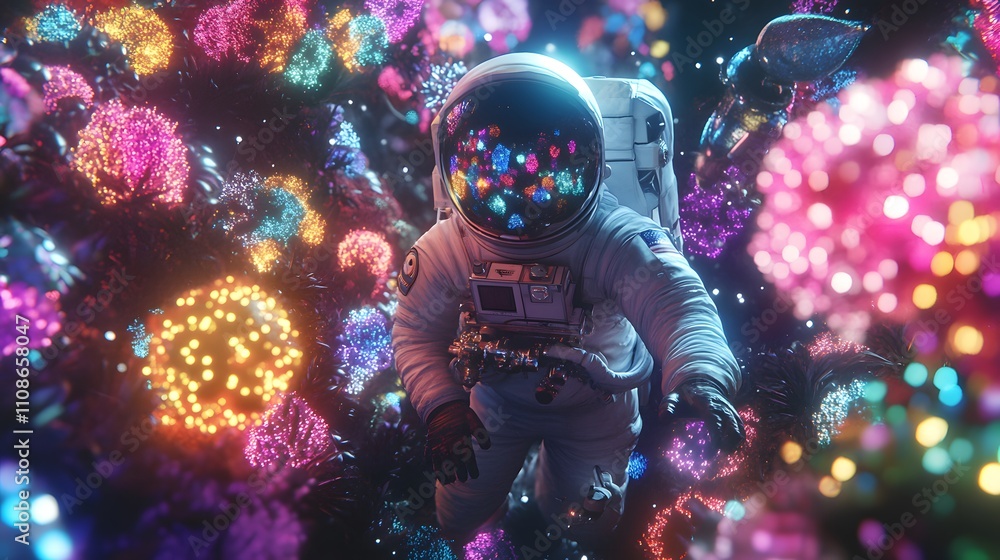 Poster A conceptual image of an astronaut surrounded by floating alien artifacts glowing with vibrant colors.