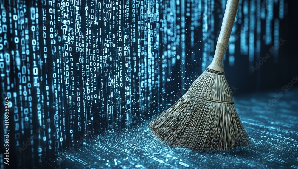 Poster digital data cleaning broom sweeping binary code cleaning system maintenance cybersecurity