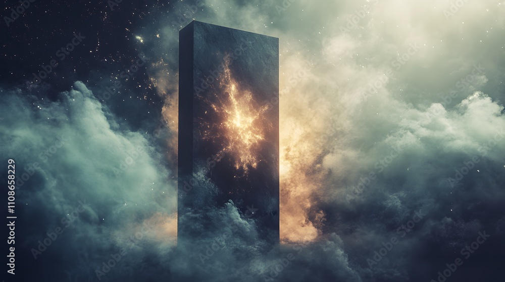 Poster a conceptual shot of a massive alien monolith emitting waves of light that distort the surrounding a