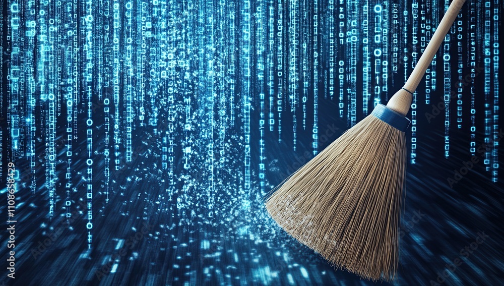 Poster digital spring cleaning broom sweeping away binary code data cleaning and system maintenance