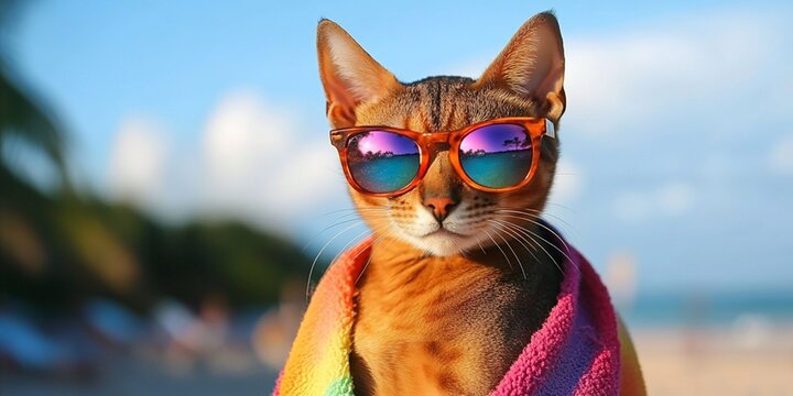 Abyssinian cat dressed for the beach, wearing sunglasses