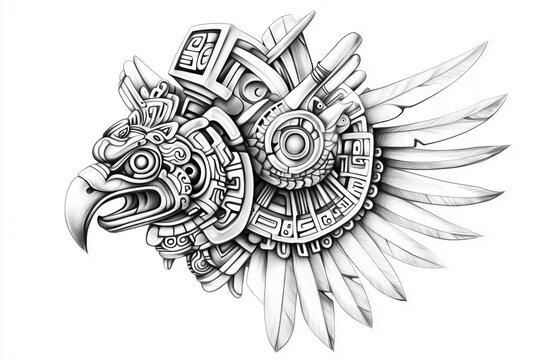 
An intricate sketch of an Aztec tribal tattoo, showcasing elements like the sun stone, jaguars, eagles, and geometric glyphs. The design features sharp, angular lines and symbolic imagery