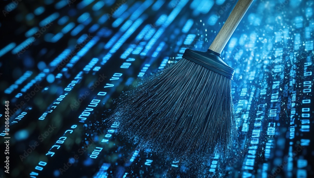 Poster digital spring cleaning: broom sweeping away data clutter and enhancing system efficiency