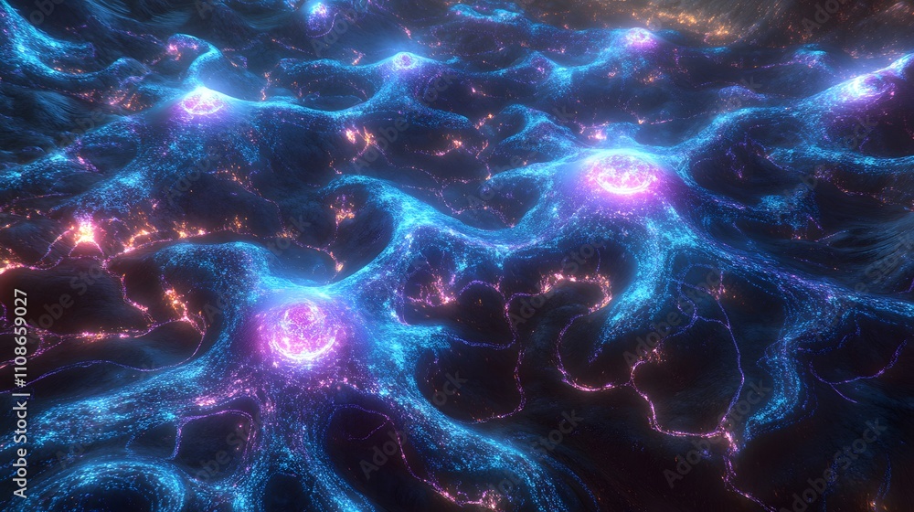 Poster an abstract aerial shot of a glowing alien forest, with symmetrical clusters of bioluminescent trees