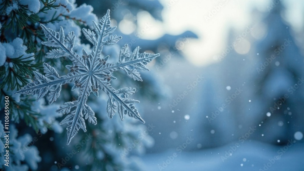 Poster a delicate snowflake rests on a green evergreen branch while snowflakes gently fall in a serene wint
