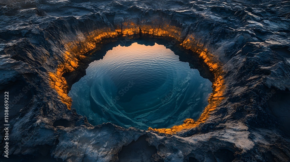 Poster Aerial view of an alien crater filled with shimmering liquid metal, surrounded by symmetrical ridges of glowing rock.