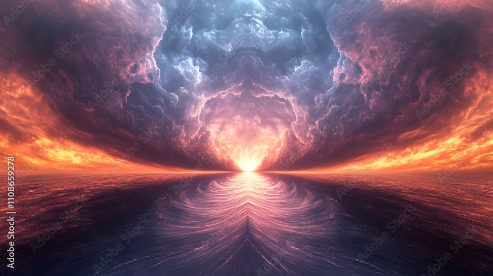Poster An abstract view of an alien ocean with symmetrical waves glowing faintly under a vibrant alien sky.