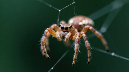 A spider meticulously spins its web, showcasing intricate details of its body and the delicate silk threads against a blurred green background. Generative AI