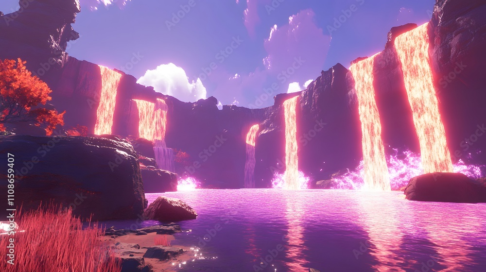 Poster A symmetrical view of alien cliffs, with cascading waterfalls of light falling into a glowing chasm.