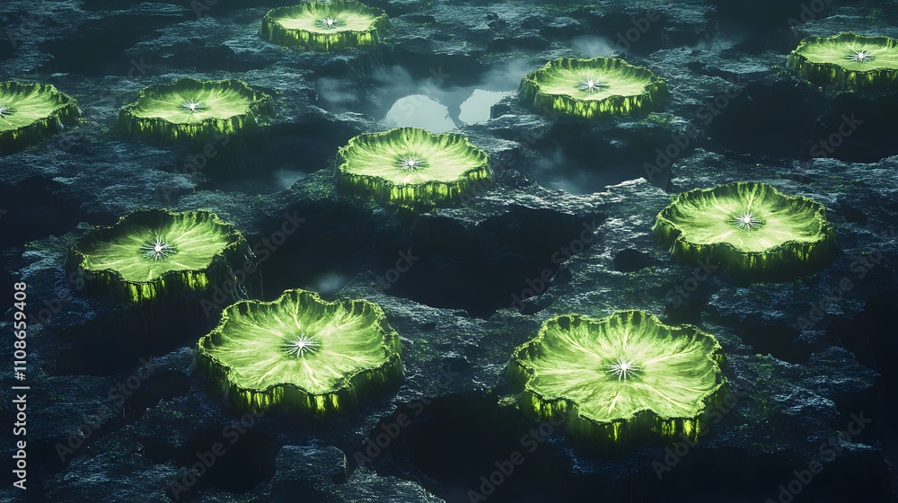Poster a high aerial shot of glowing alien fields, arranged in symmetrical fractal patterns across the terr