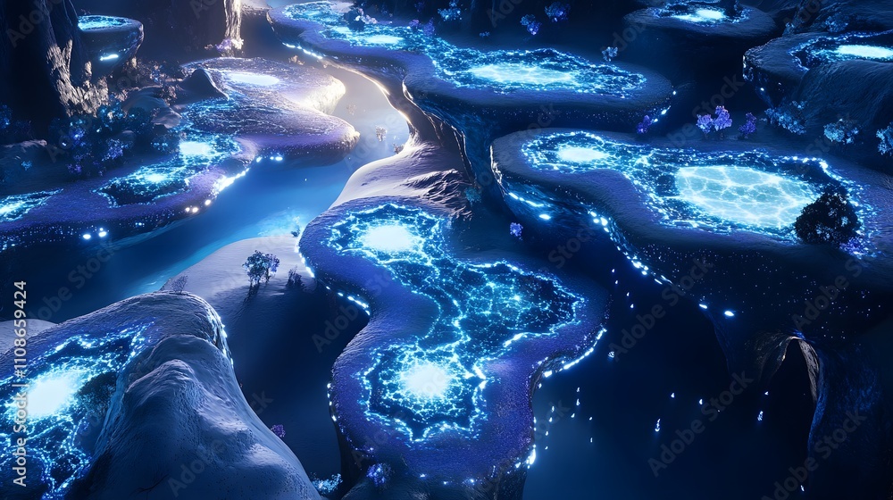 Poster a high aerial shot of glowing alien fields, arranged in symmetrical fractal patterns across the terr