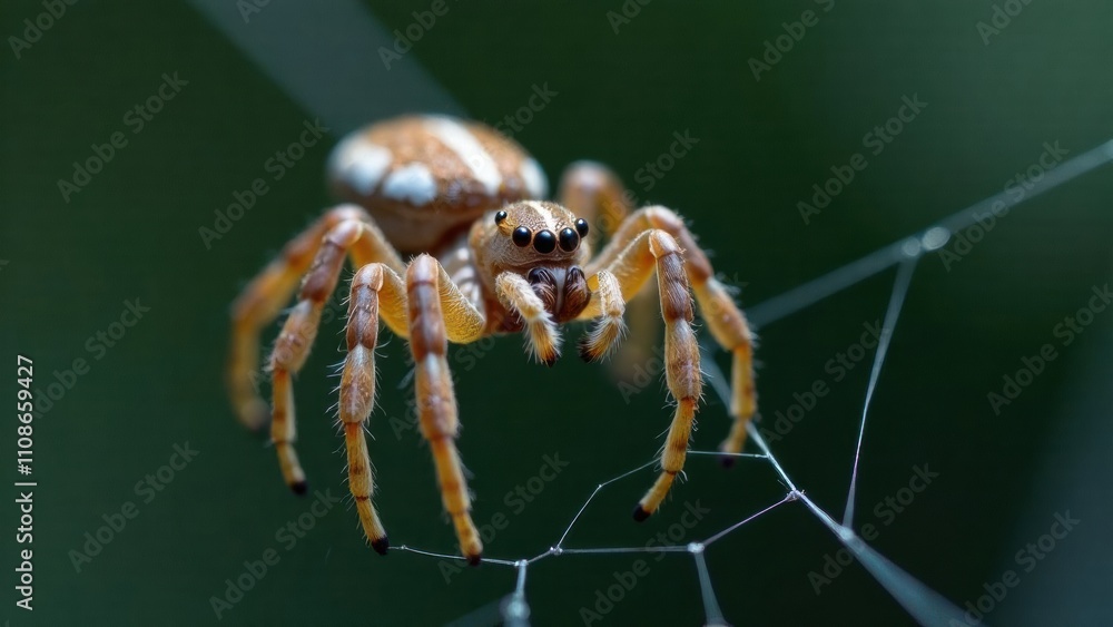 Poster a close view of a spider resting on its web, highlighting the texture of the silk and the spider's f