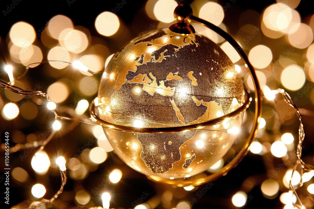 Poster a globe with lights on it is surrounded by a string of lights