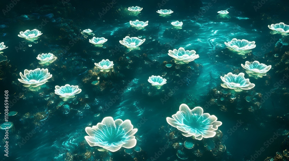 Poster A top-down view of glowing alien coral formations arranged in symmetrical clusters beneath an iridescent ocean.