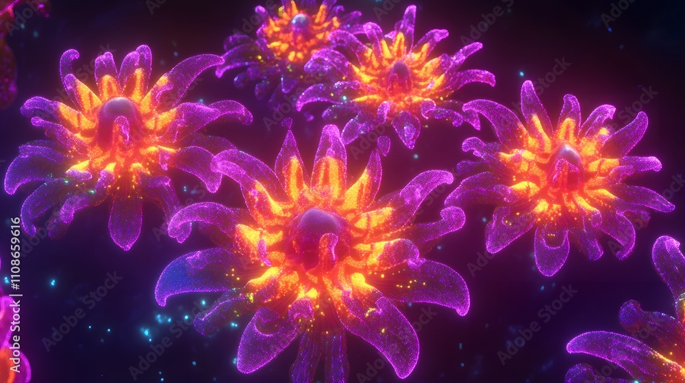 Poster A top-down view of glowing alien coral formations arranged in symmetrical clusters beneath an iridescent ocean.