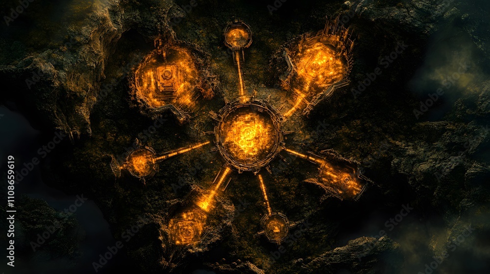 Poster An aerial view of an alien city built in a symmetrical hexagonal pattern, with glowing pathways connecting its structures.