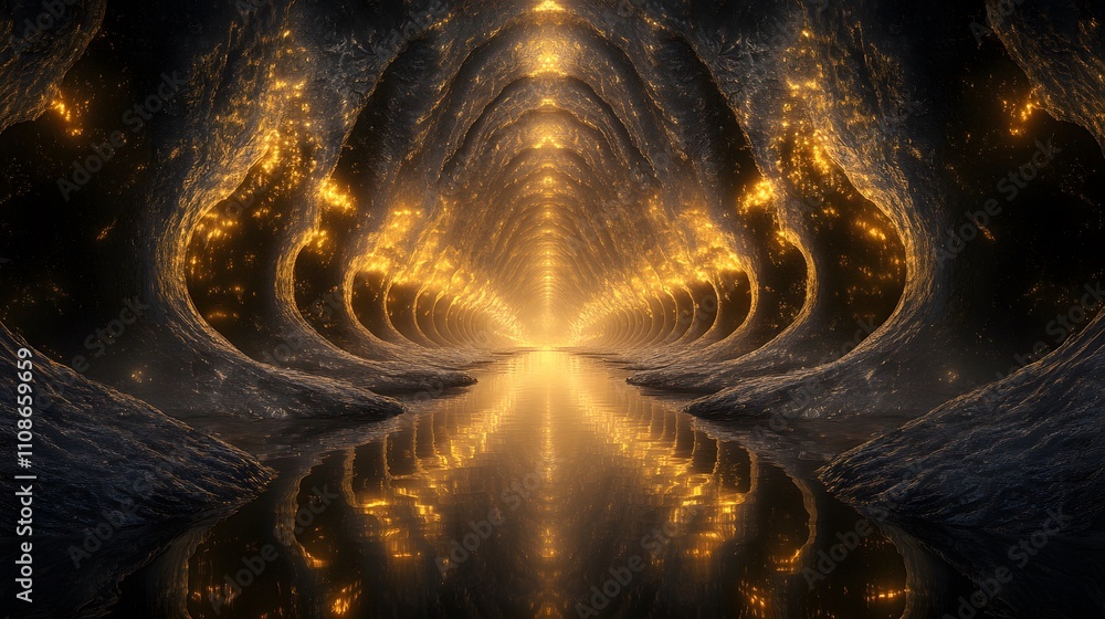 Poster A symmetrical view of alien cliffs lined with glowing caverns, casting light into the chasm below.
